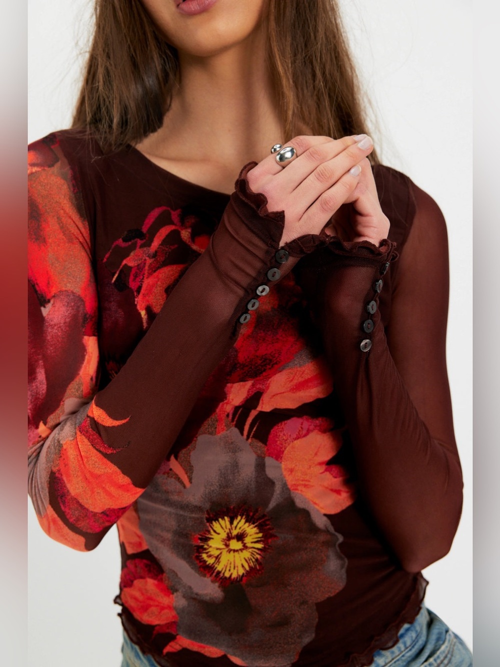 Free People Lilly Printed Long Sleeve Top in Cocoa Combo